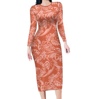 Tahiti Puatou Tiare Floral Long Sleeve Bodycon Dress Monstera Palm Tropical Leaves - Polynesian Pride