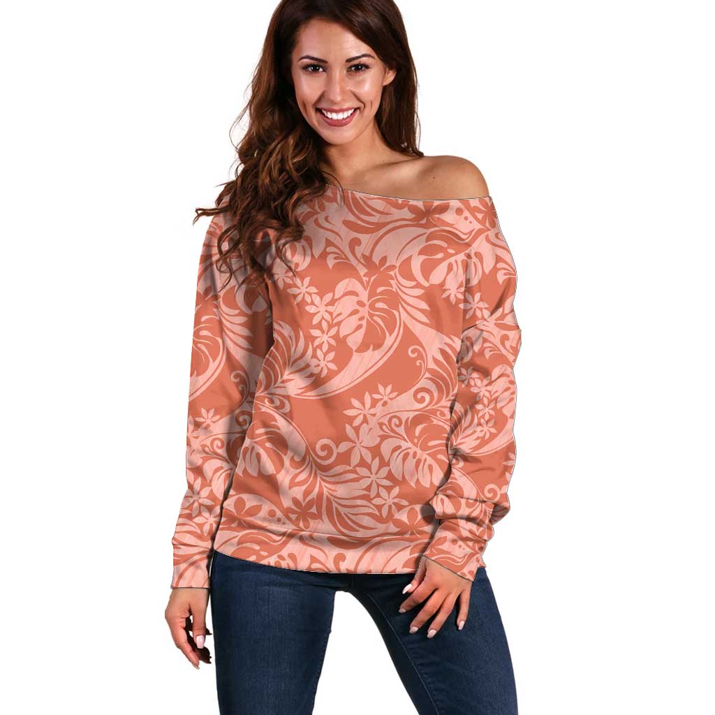Tahiti Puatou Tiare Floral Off Shoulder Sweater Monstera Palm Tropical Leaves - Polynesian Pride