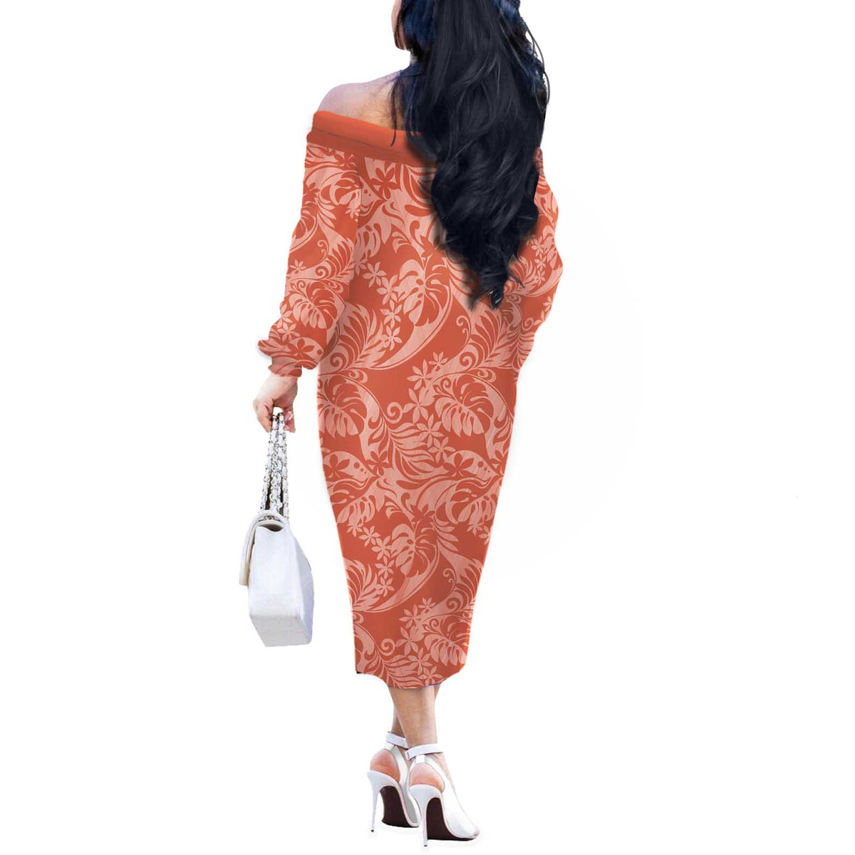 Tahiti Puatou Tiare Floral Off The Shoulder Long Sleeve Dress Monstera Palm Tropical Leaves - Polynesian Pride