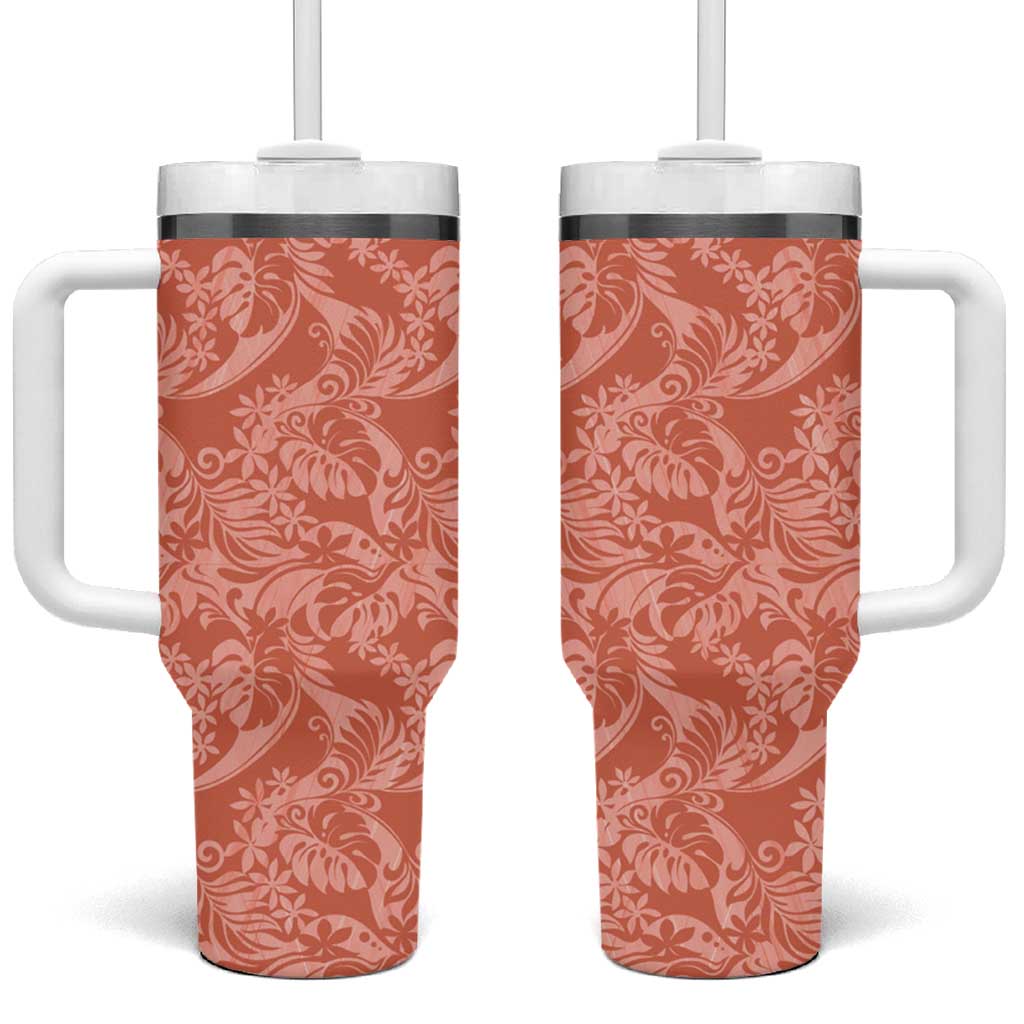Tahiti Puatou Tiare Floral Tumbler With Handle Monstera Palm Tropical Leaves LT01 One Size: 40 oz Orange - Polynesian Pride
