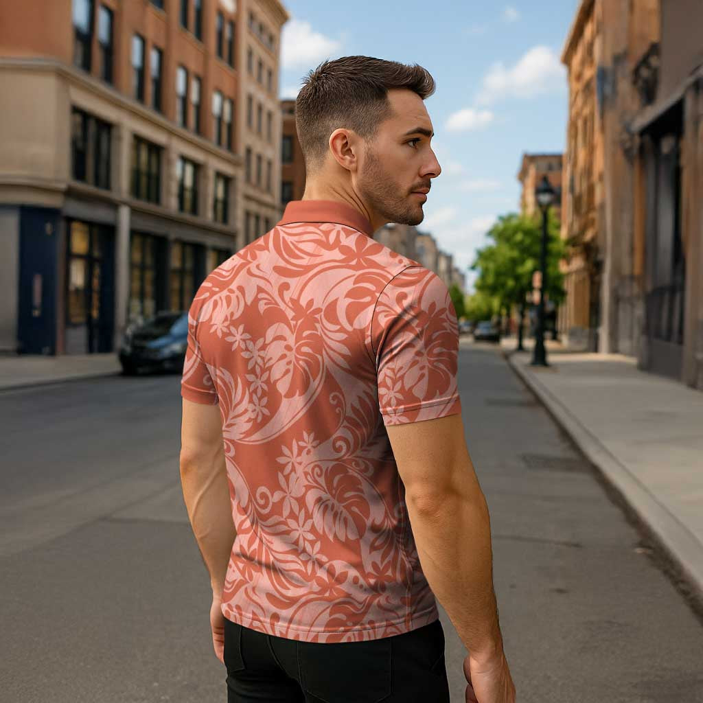 Tahiti Puatou Tiare Floral Zipper Polo Shirt Monstera Palm Tropical Leaves - Polynesian Pride