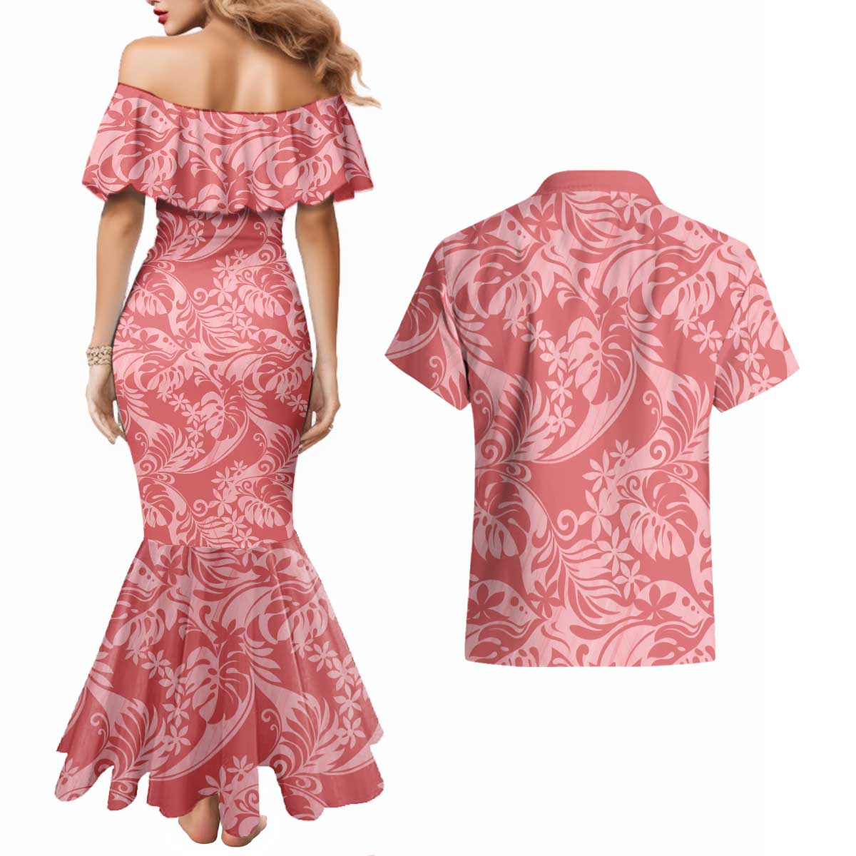 Tahiti Tarona Tiare Floral Couples Matching Mermaid Dress and Hawaiian Shirt Monstera Palm Tropical Leaves LT01 - Polynesian Pride