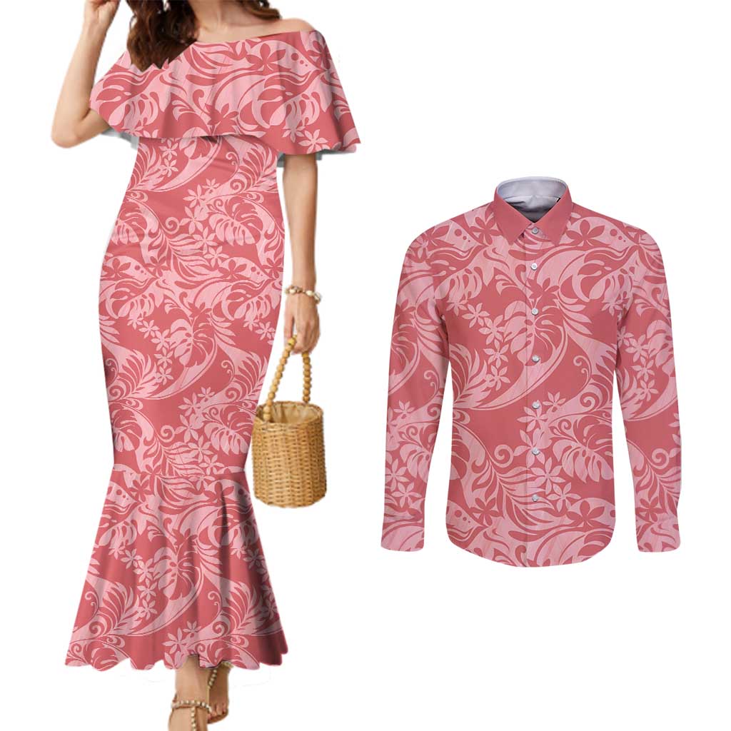 Tahiti Tarona Tiare Floral Couples Matching Mermaid Dress and Long Sleeve Button Shirt Monstera Palm Tropical Leaves - Polynesian Pride