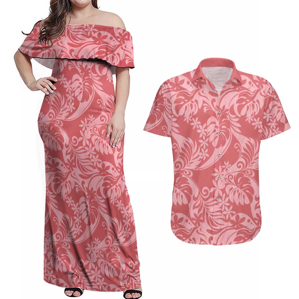 Tahiti Tarona Tiare Floral Couples Matching Off Shoulder Maxi Dress and Hawaiian Shirt Monstera Palm Tropical Leaves LT01 Pink - Polynesian Pride