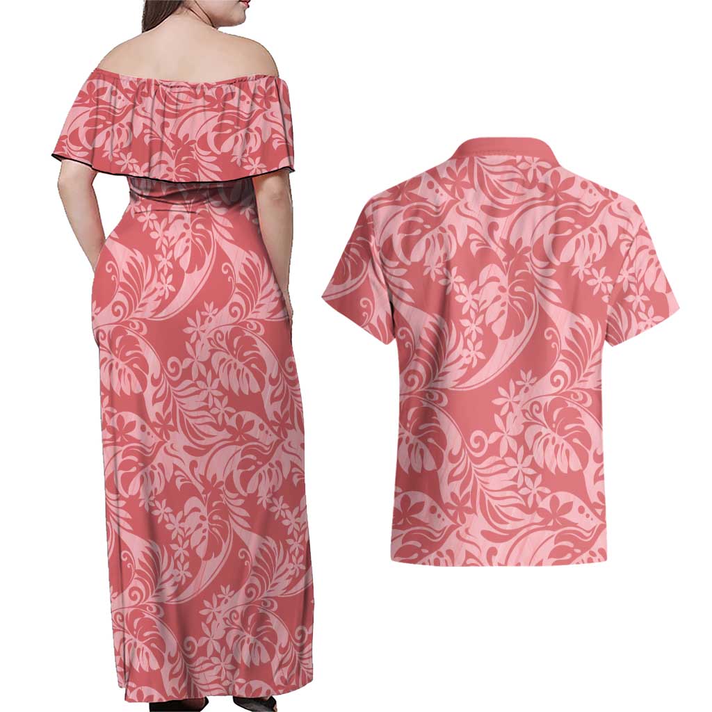 Tahiti Tarona Tiare Floral Couples Matching Off Shoulder Maxi Dress and Hawaiian Shirt Monstera Palm Tropical Leaves LT01 - Polynesian Pride
