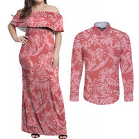 Tahiti Tarona Tiare Floral Couples Matching Off Shoulder Maxi Dress and Long Sleeve Button Shirt Monstera Palm Tropical Leaves LT01 Pink - Polynesian Pride