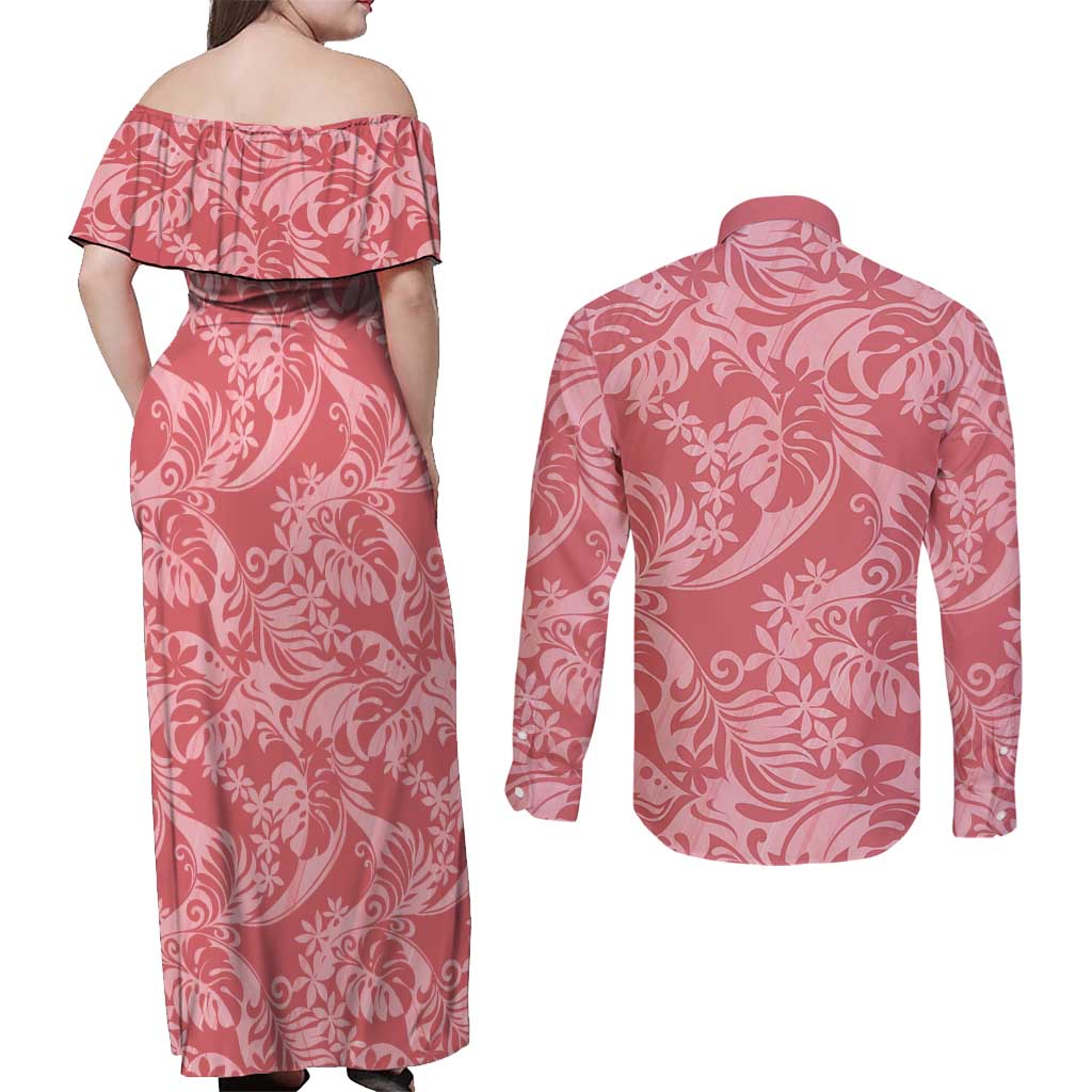 Tahiti Tarona Tiare Floral Couples Matching Off Shoulder Maxi Dress and Long Sleeve Button Shirt Monstera Palm Tropical Leaves LT01 - Polynesian Pride