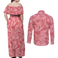 Tahiti Tarona Tiare Floral Couples Matching Off Shoulder Maxi Dress and Long Sleeve Button Shirt Monstera Palm Tropical Leaves LT01 - Polynesian Pride