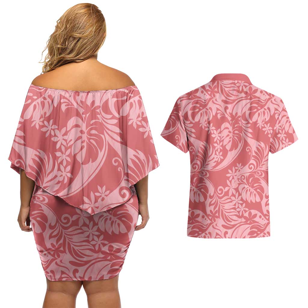 Tahiti Tarona Tiare Floral Couples Matching Off Shoulder Short Dress and Hawaiian Shirt Monstera Palm Tropical Leaves LT01 - Polynesian Pride