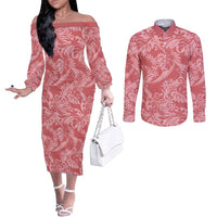 Tahiti Tarona Tiare Floral Couples Matching Off The Shoulder Long Sleeve Dress and Long Sleeve Button Shirt Monstera Palm Tropical Leaves LT01 Pink - Polynesian Pride
