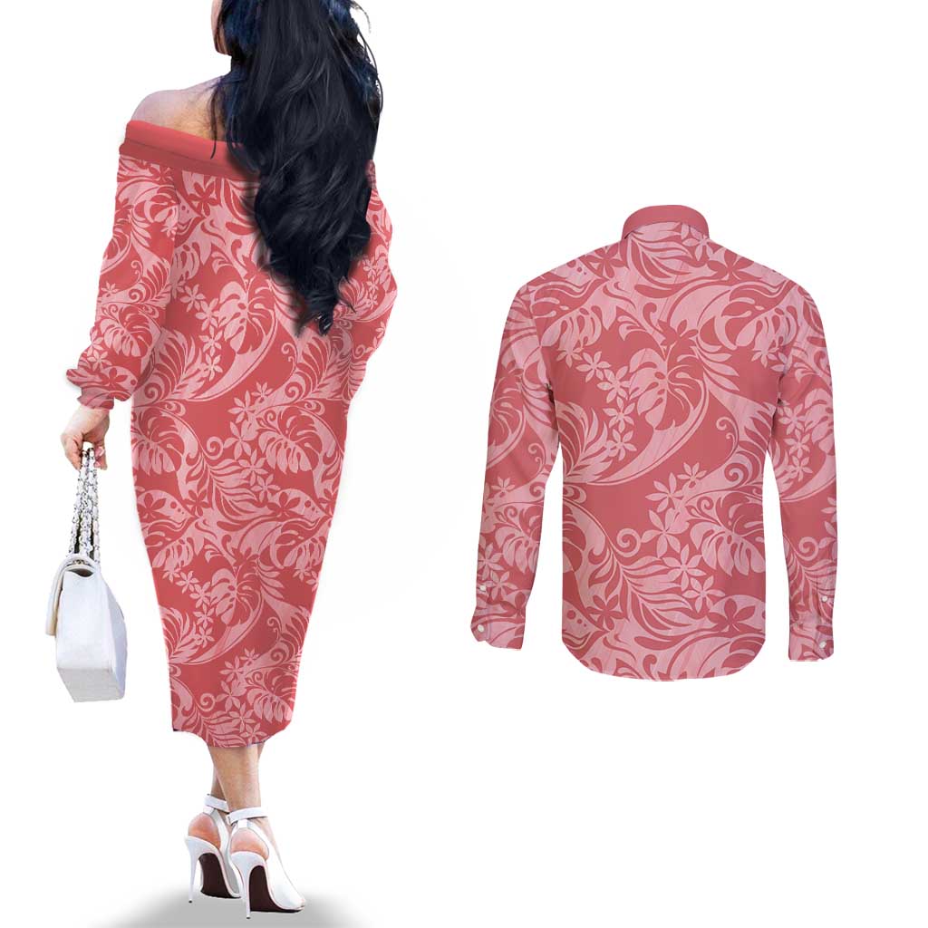 Tahiti Tarona Tiare Floral Couples Matching Off The Shoulder Long Sleeve Dress and Long Sleeve Button Shirt Monstera Palm Tropical Leaves LT01 - Polynesian Pride
