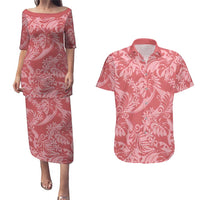 Tahiti Tarona Tiare Floral Couples Matching Puletasi and Hawaiian Shirt Monstera Palm Tropical Leaves LT01 Pink - Polynesian Pride