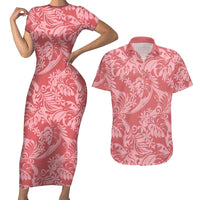 Tahiti Tarona Tiare Floral Couples Matching Short Sleeve Bodycon Dress and Hawaiian Shirt Monstera Palm Tropical Leaves LT01 Pink - Polynesian Pride
