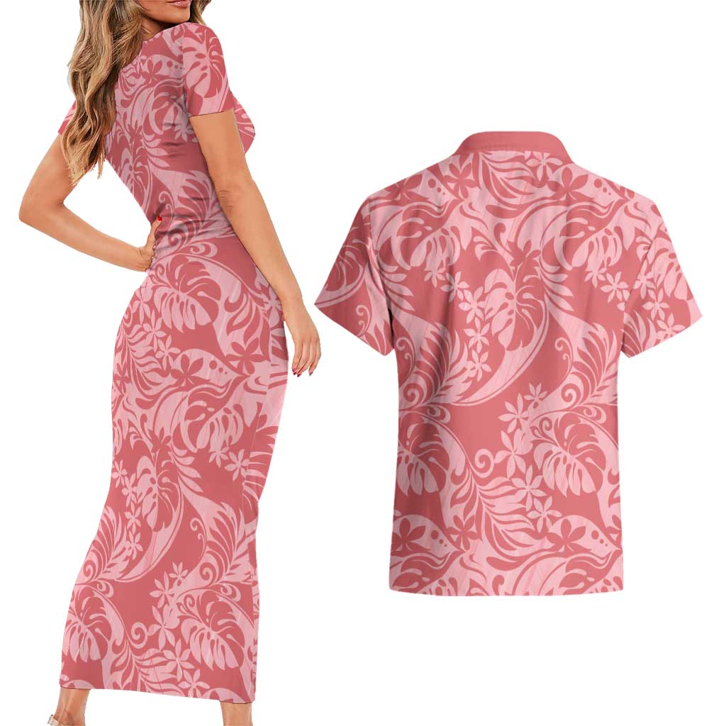 Tahiti Tarona Tiare Floral Couples Matching Short Sleeve Bodycon Dress and Hawaiian Shirt Monstera Palm Tropical Leaves LT01 - Polynesian Pride