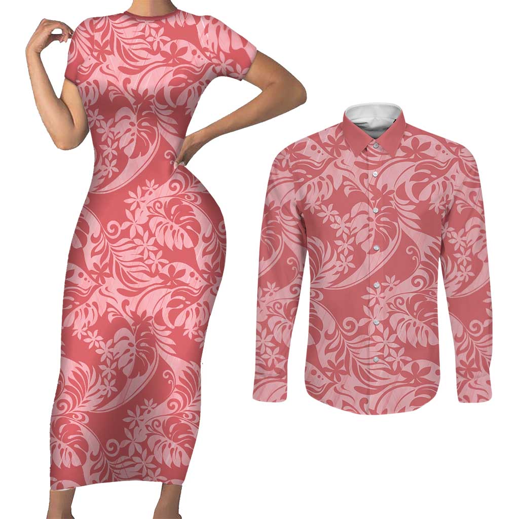 Tahiti Tarona Tiare Floral Couples Matching Short Sleeve Bodycon Dress and Long Sleeve Button Shirt Monstera Palm Tropical Leaves - Polynesian Pride