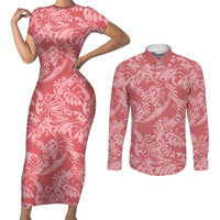 Tahiti Tarona Tiare Floral Couples Matching Short Sleeve Bodycon Dress and Long Sleeve Button Shirt Monstera Palm Tropical Leaves LT01 Pink - Polynesian Pride