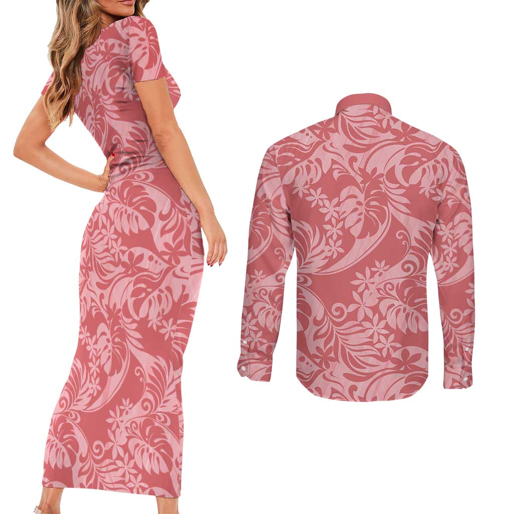 Tahiti Tarona Tiare Floral Couples Matching Short Sleeve Bodycon Dress and Long Sleeve Button Shirt Monstera Palm Tropical Leaves LT01 - Polynesian Pride