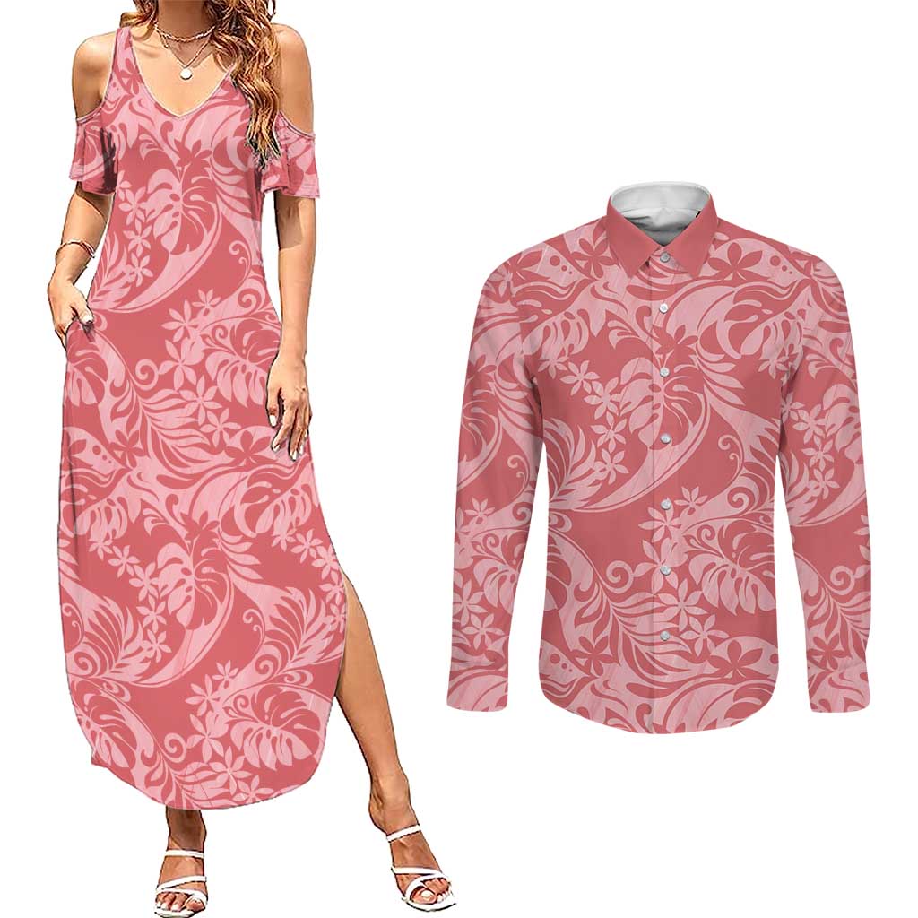 Tahiti Tarona Tiare Floral Couples Matching Summer Maxi Dress and Long Sleeve Button Shirt Monstera Palm Tropical Leaves LT01 Pink - Polynesian Pride