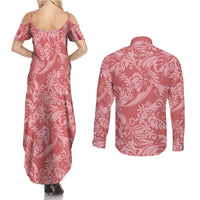 Tahiti Tarona Tiare Floral Couples Matching Summer Maxi Dress and Long Sleeve Button Shirt Monstera Palm Tropical Leaves LT01 - Polynesian Pride