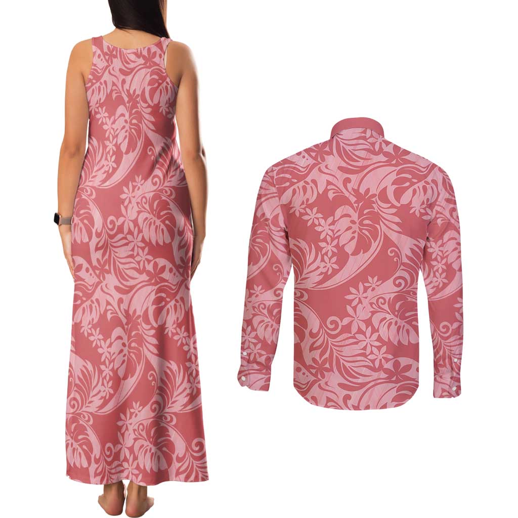 Tahiti Tarona Tiare Floral Couples Matching Tank Maxi Dress and Long Sleeve Button Shirt Monstera Palm Tropical Leaves LT01 - Polynesian Pride