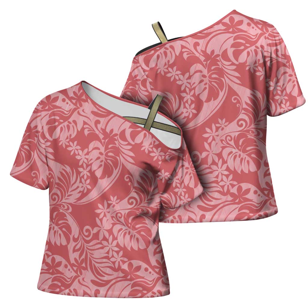 Tahiti Tarona Tiare Floral Cross Shoulder Shirt Monstera Palm Tropical Leaves - Polynesian Pride
