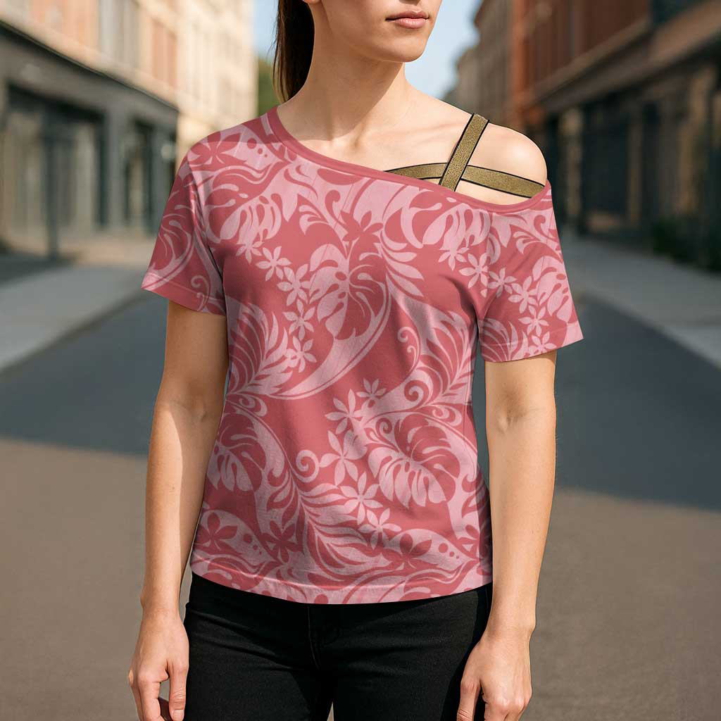 Tahiti Tarona Tiare Floral Cross Shoulder Shirt Monstera Palm Tropical Leaves - Polynesian Pride