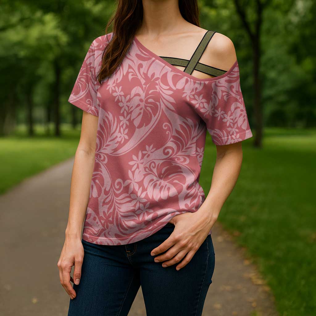 Tahiti Tarona Tiare Floral Cross Shoulder Shirt Monstera Palm Tropical Leaves - Polynesian Pride