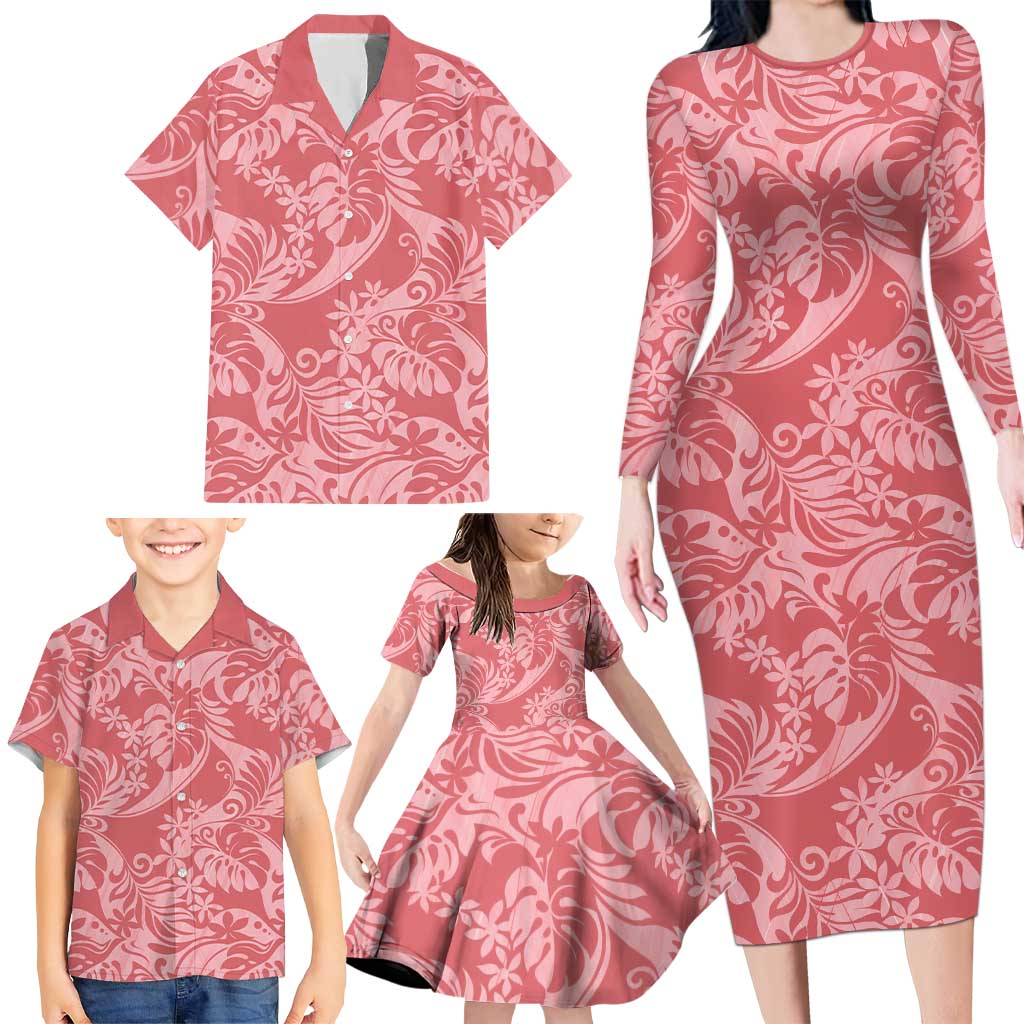 Tahiti Tarona Tiare Floral Family Matching Long Sleeve Bodycon Dress and Hawaiian Shirt Monstera Palm Tropical Leaves LT01 - Polynesian Pride