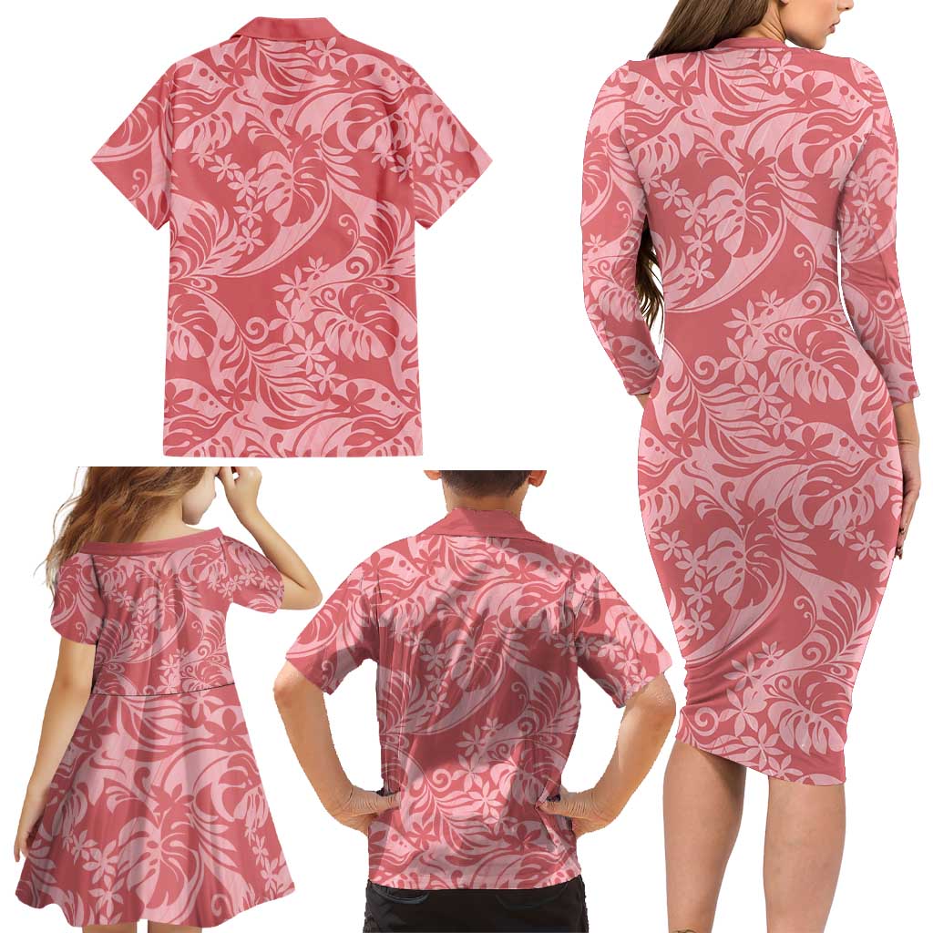 Tahiti Tarona Tiare Floral Family Matching Long Sleeve Bodycon Dress and Hawaiian Shirt Monstera Palm Tropical Leaves LT01 - Polynesian Pride