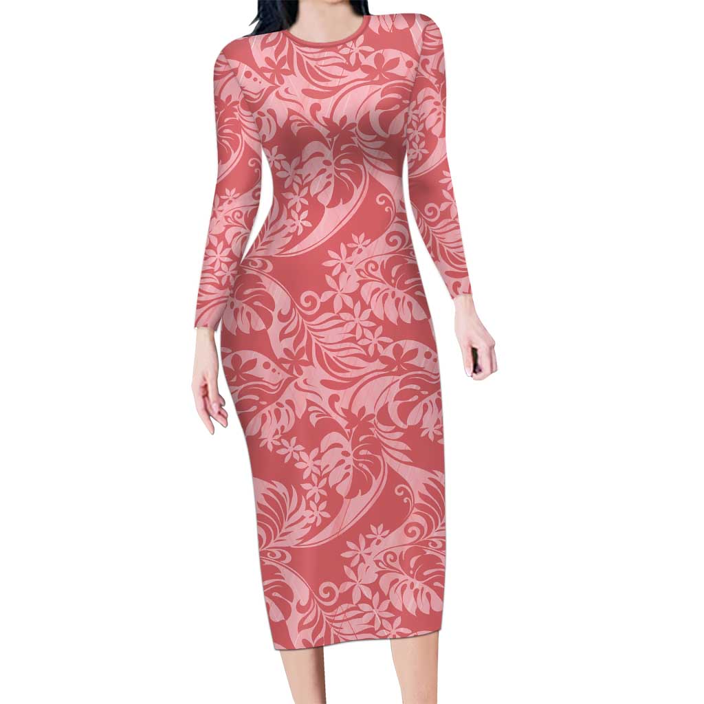 Tahiti Tarona Tiare Floral Family Matching Long Sleeve Bodycon Dress and Hawaiian Shirt Monstera Palm Tropical Leaves LT01 Mom's Dress Pink - Polynesian Pride