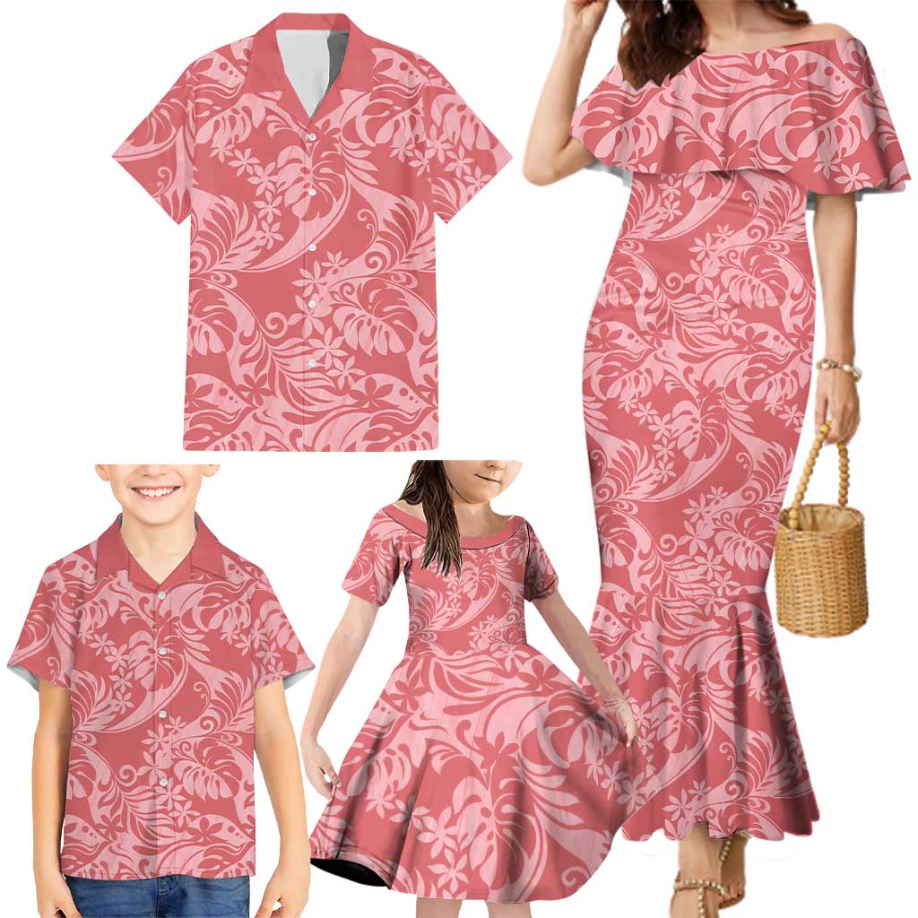 Tahiti Tarona Tiare Floral Family Matching Mermaid Dress and Hawaiian Shirt Monstera Palm Tropical Leaves - Polynesian Pride