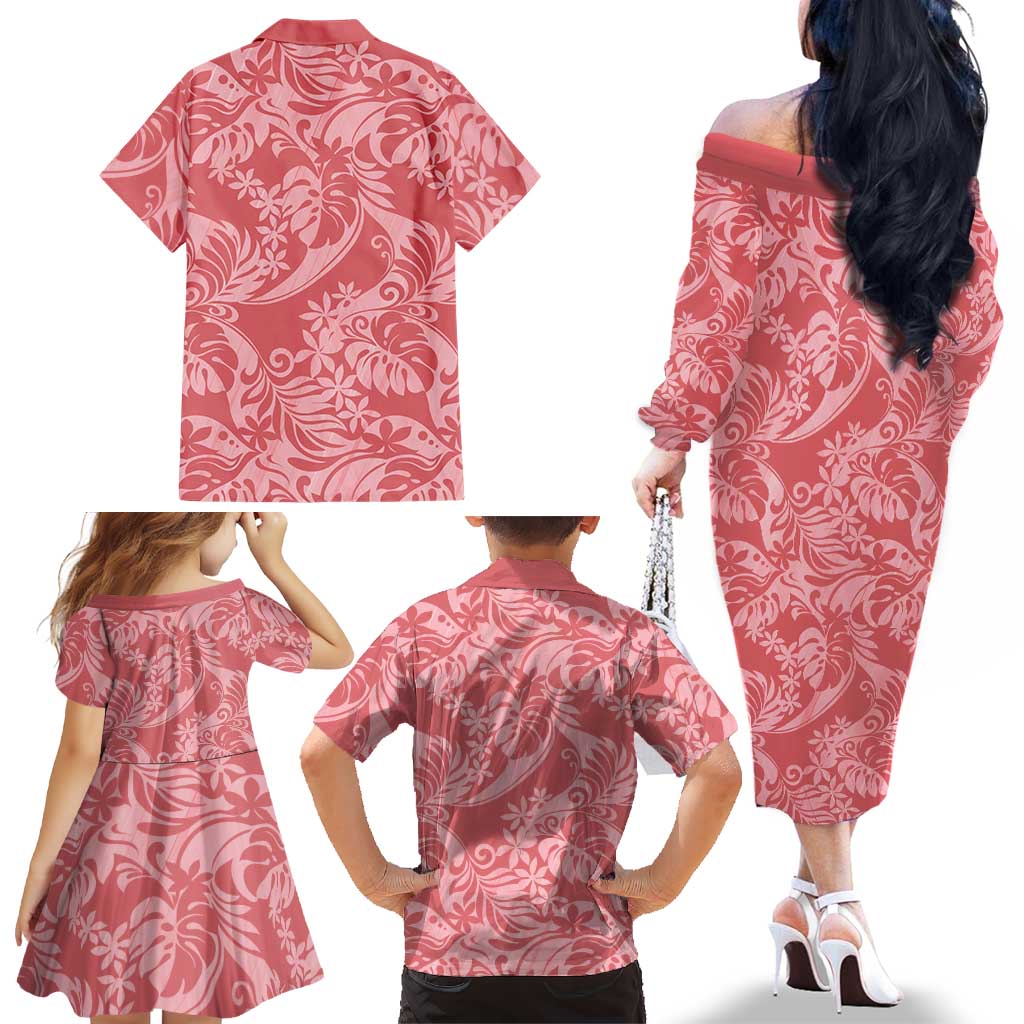 Tahiti Tarona Tiare Floral Family Matching Off The Shoulder Long Sleeve Dress and Hawaiian Shirt Monstera Palm Tropical Leaves LT01 - Polynesian Pride