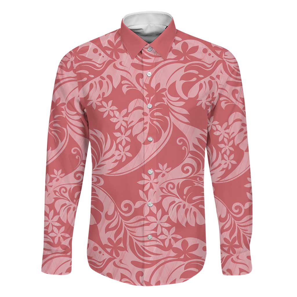 Tahiti Tarona Tiare Floral Family Matching Puletasi and Hawaiian Shirt Monstera Palm Tropical Leaves LT01 Dad's Shirt - Long Sleeve Pink - Polynesian Pride
