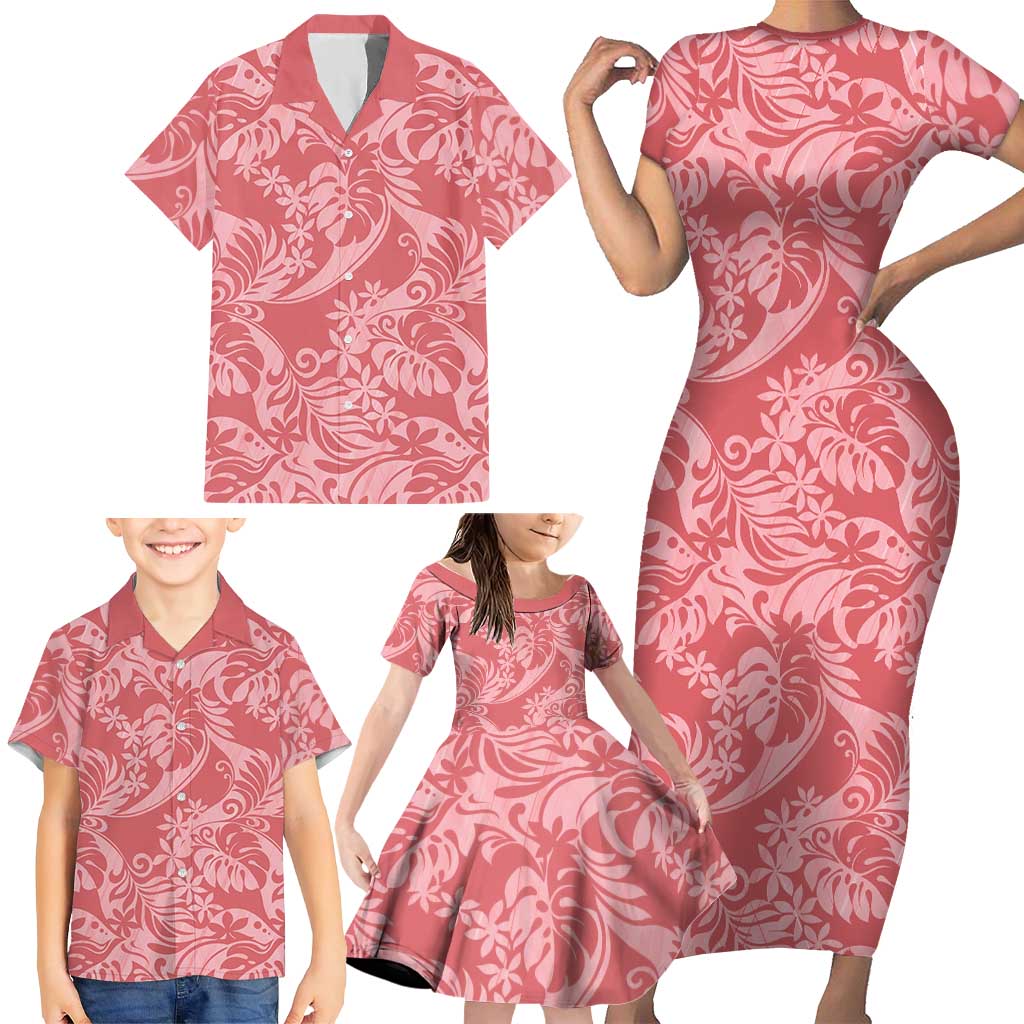 Tahiti Tarona Tiare Floral Family Matching Short Sleeve Bodycon Dress and Hawaiian Shirt Monstera Palm Tropical Leaves - Polynesian Pride