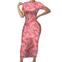 Tahiti Tarona Tiare Floral Family Matching Short Sleeve Bodycon Dress and Hawaiian Shirt Monstera Palm Tropical Leaves LT01 Mom's Dress Pink - Polynesian Pride
