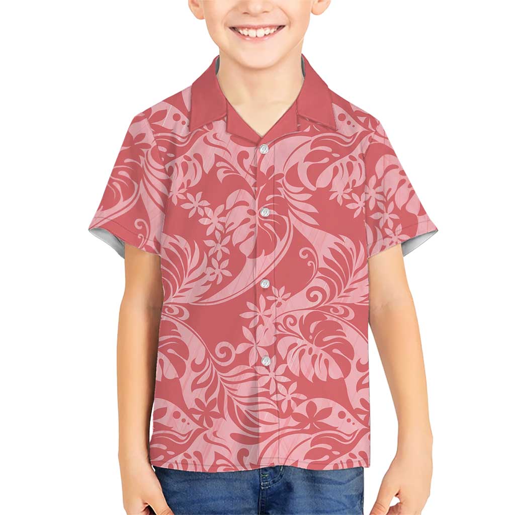 Tahiti Tarona Tiare Floral Family Matching Short Sleeve Bodycon Dress and Hawaiian Shirt Monstera Palm Tropical Leaves LT01 Son's Shirt Pink - Polynesian Pride