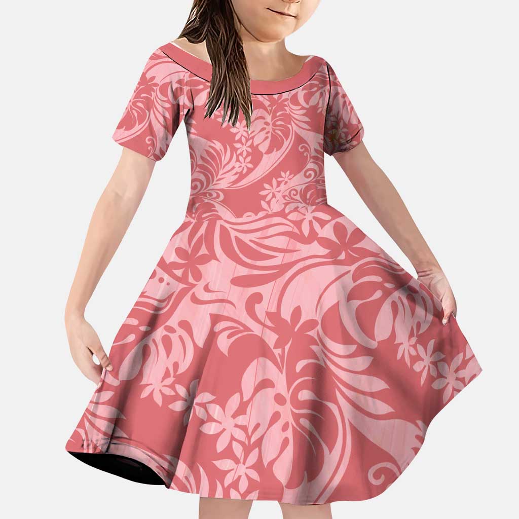 Tahiti Tarona Tiare Floral Family Matching Tank Maxi Dress and Hawaiian Shirt Monstera Palm Tropical Leaves LT01 Daughter's Dress Pink - Polynesian Pride