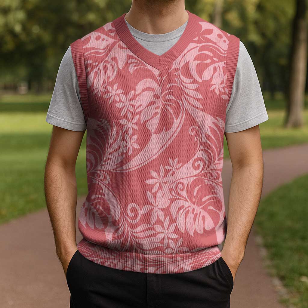 Tahiti Tarona Tiare Floral Christmas Knitted V-Neck Vest Monstera Palm Tropical Leaves - Polynesian Pride