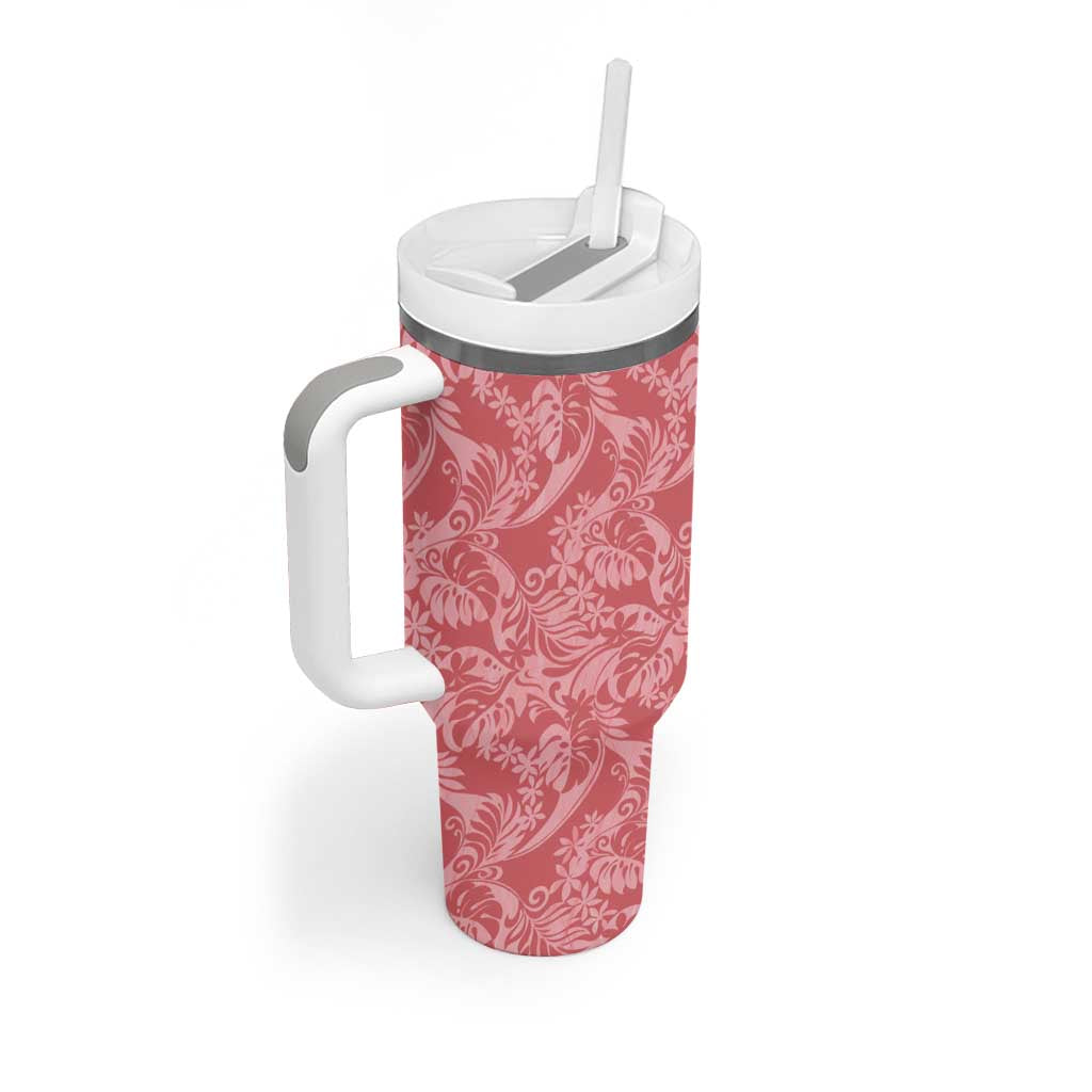Tahiti Tarona Tiare Floral Tumbler With Handle Monstera Palm Tropical Leaves - Polynesian Pride