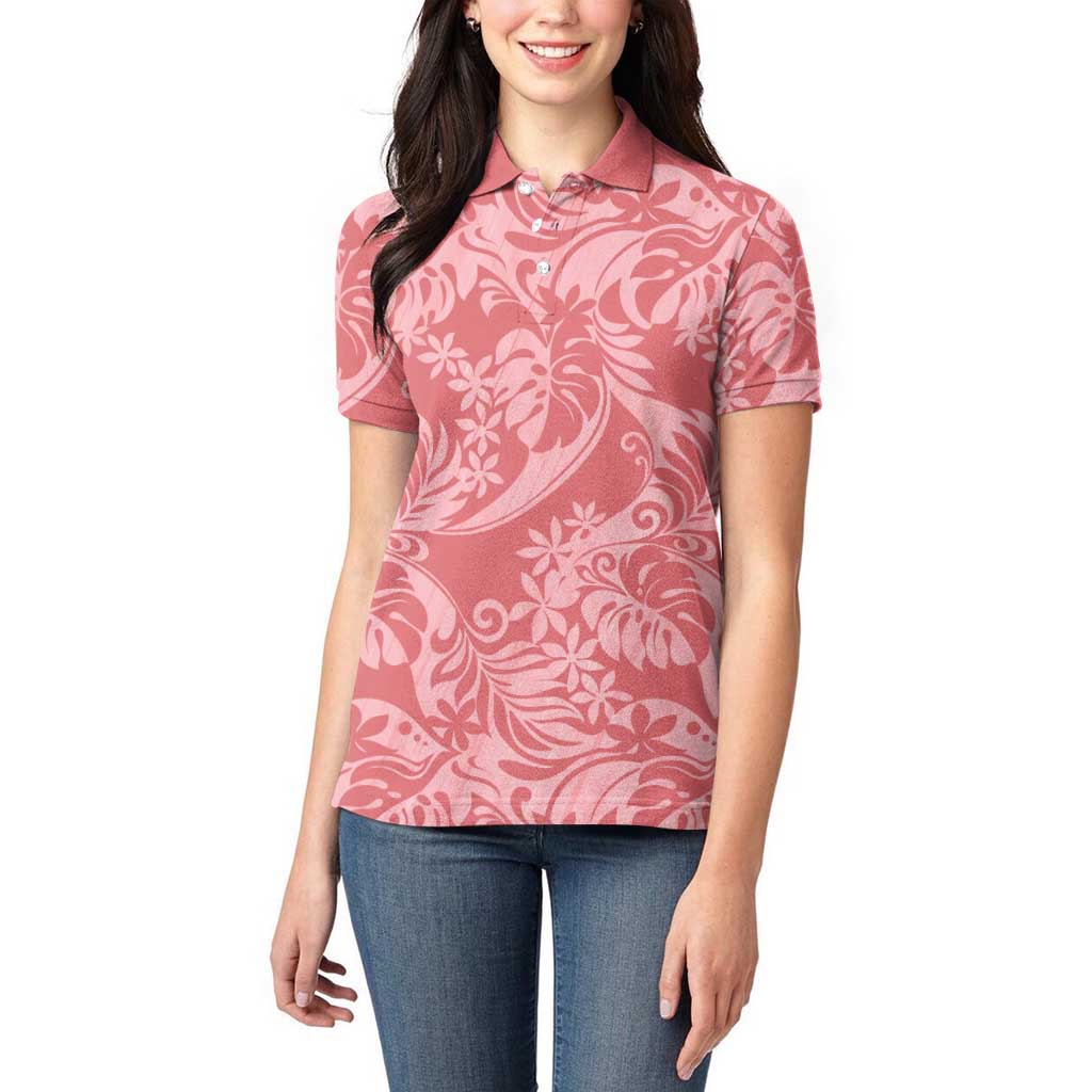 Tahiti Tarona Tiare Floral Women Polo Shirt Monstera Palm Tropical Leaves - Polynesian Pride