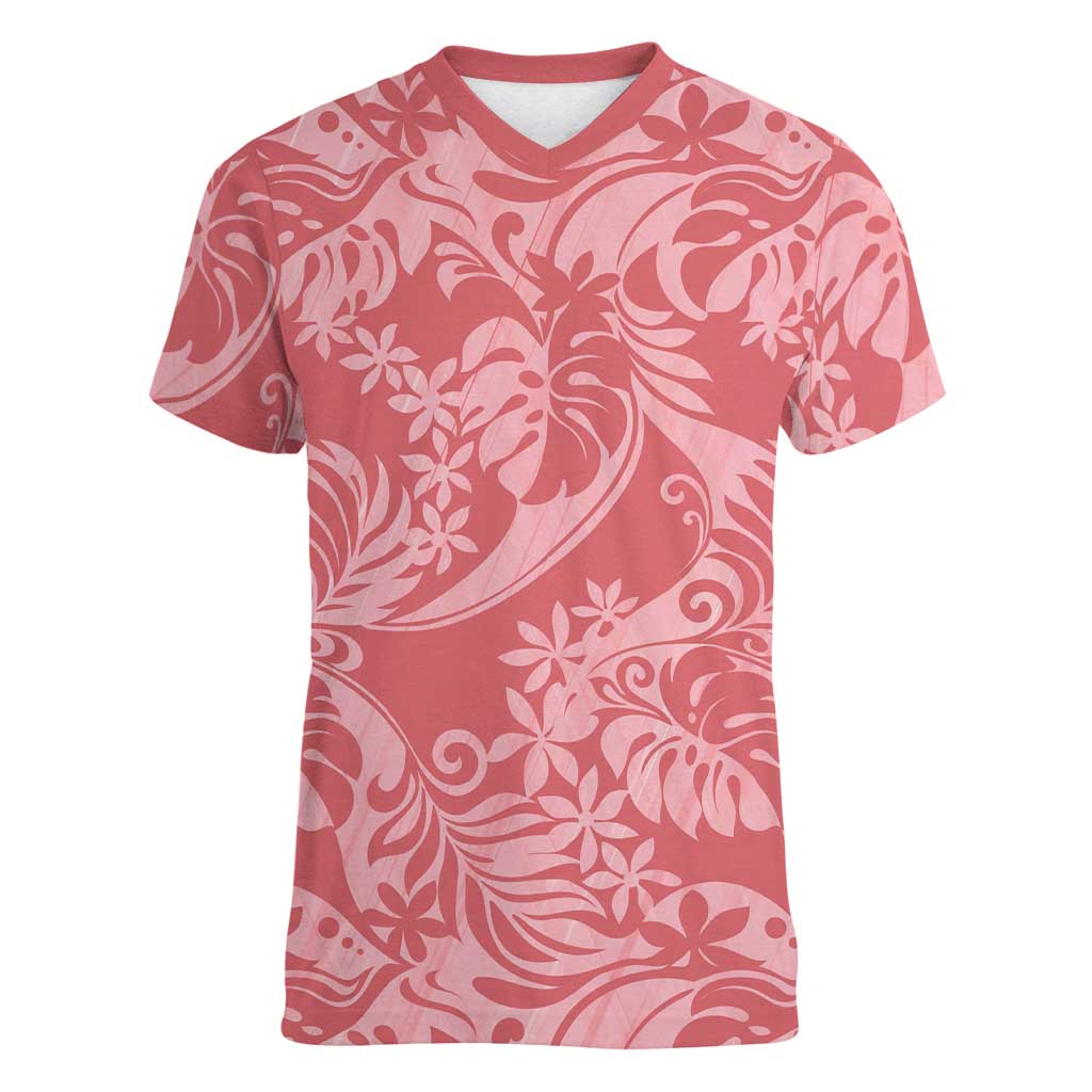 Tahiti Tarona Tiare Floral Women V-Neck T-Shirt Monstera Palm Tropical Leaves LT01 Female Pink - Polynesian Pride