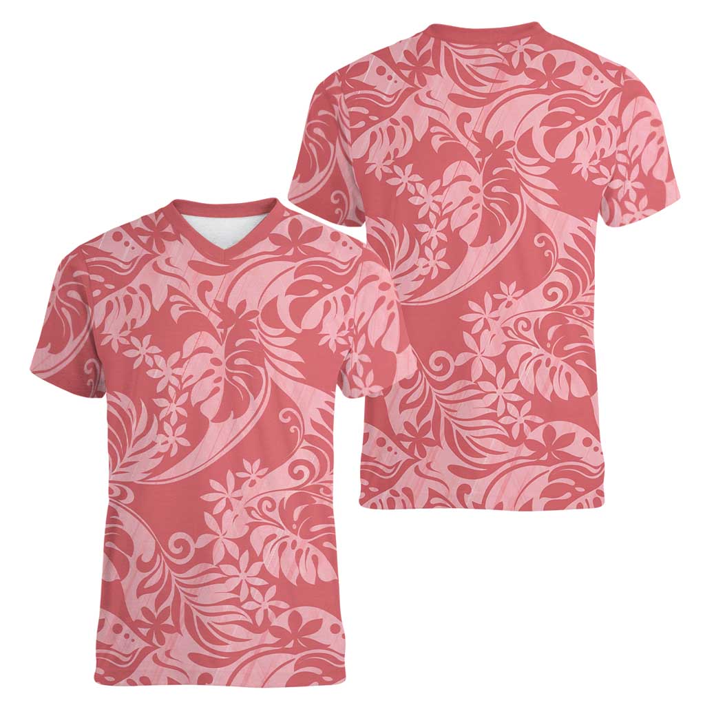 Tahiti Tarona Tiare Floral Women V-Neck T-Shirt Monstera Palm Tropical Leaves LT01 - Polynesian Pride