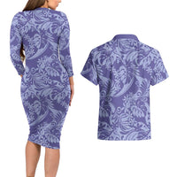Tahiti Vareau Tiare Floral Couples Matching Long Sleeve Bodycon Dress and Hawaiian Shirt Monstera Palm Tropical Leaves LT01 - Polynesian Pride