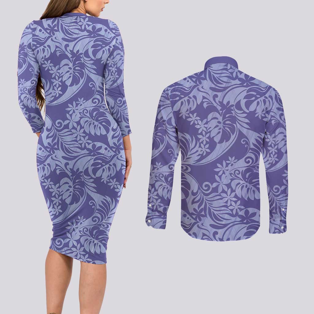 Tahiti Vareau Tiare Floral Couples Matching Long Sleeve Bodycon Dress and Long Sleeve Button Shirt Monstera Palm Tropical Leaves LT01 - Polynesian Pride