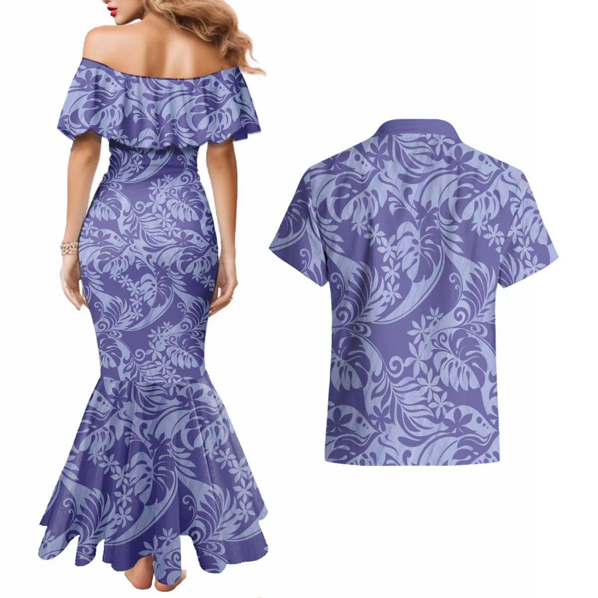 Tahiti Vareau Tiare Floral Couples Matching Mermaid Dress and Hawaiian Shirt Monstera Palm Tropical Leaves LT01 - Polynesian Pride