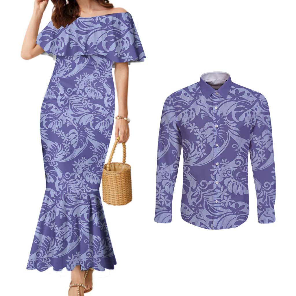 Tahiti Vareau Tiare Floral Couples Matching Mermaid Dress and Long Sleeve Button Shirt Monstera Palm Tropical Leaves LT01 Purple - Polynesian Pride
