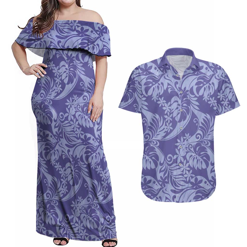 Tahiti Vareau Tiare Floral Couples Matching Off Shoulder Maxi Dress and Hawaiian Shirt Monstera Palm Tropical Leaves LT01 Purple - Polynesian Pride