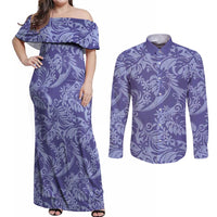 Tahiti Vareau Tiare Floral Couples Matching Off Shoulder Maxi Dress and Long Sleeve Button Shirt Monstera Palm Tropical Leaves LT01 Purple - Polynesian Pride