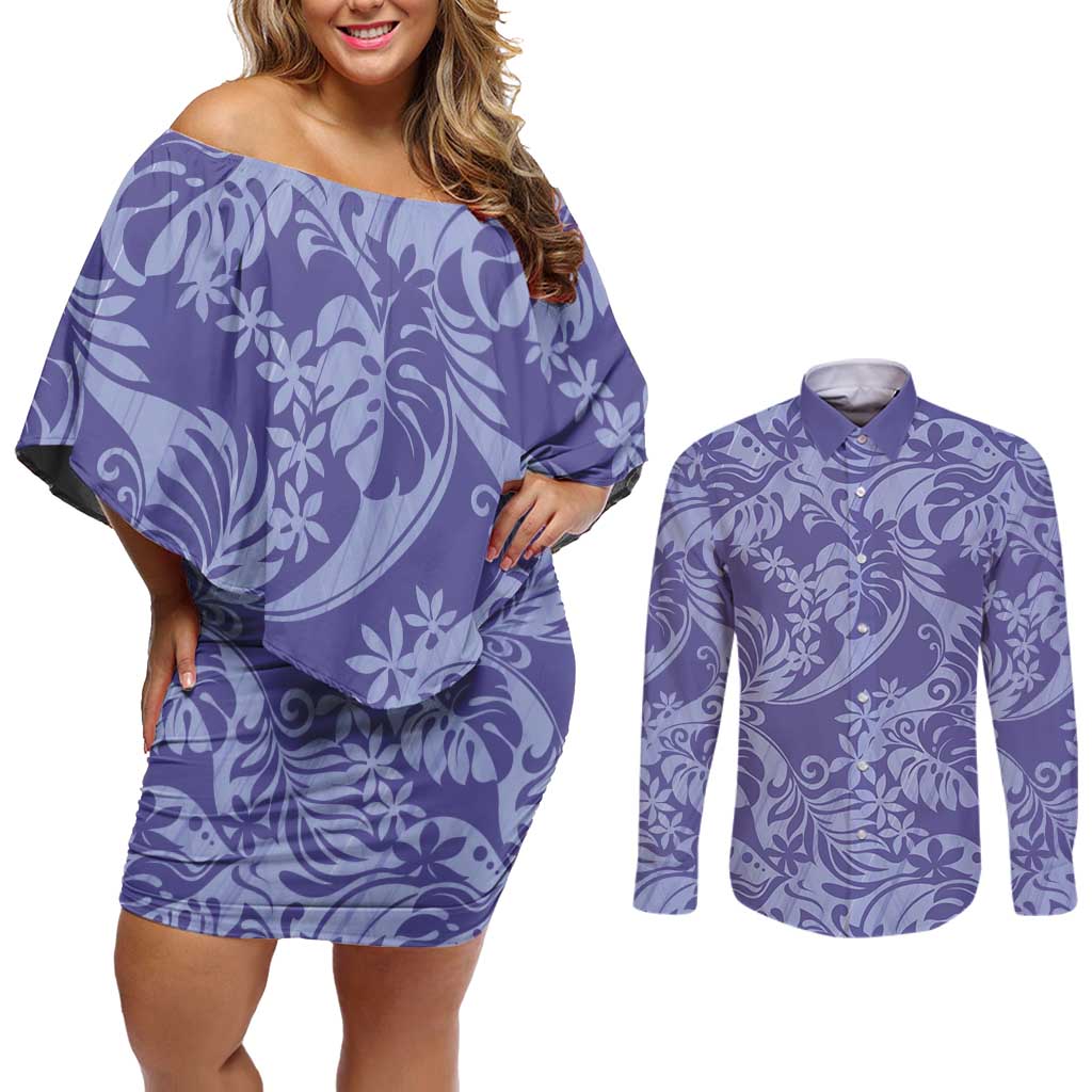 Tahiti Vareau Tiare Floral Couples Matching Off Shoulder Short Dress and Long Sleeve Button Shirt Monstera Palm Tropical Leaves LT01 Purple - Polynesian Pride