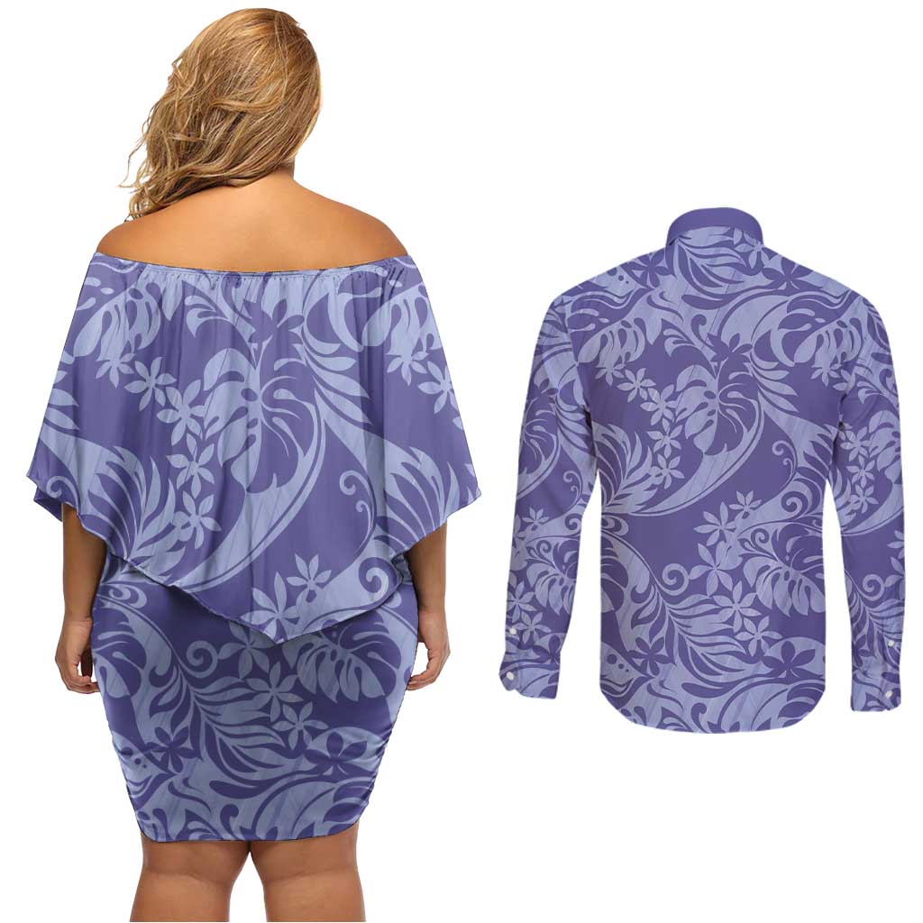 Tahiti Vareau Tiare Floral Couples Matching Off Shoulder Short Dress and Long Sleeve Button Shirt Monstera Palm Tropical Leaves LT01 - Polynesian Pride